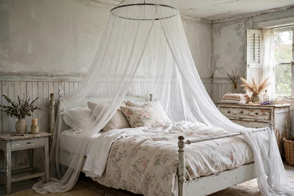A bed with a sheer white canopy draped from a ceiling hoop
