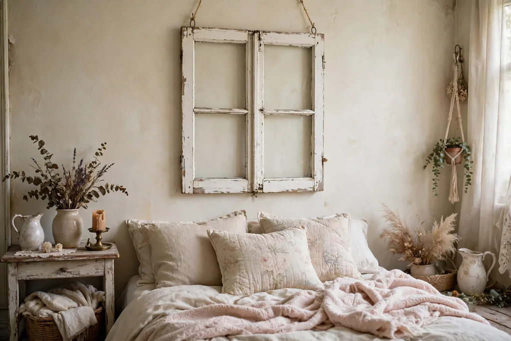 An old white window frame hung as wall decor in a bedroom