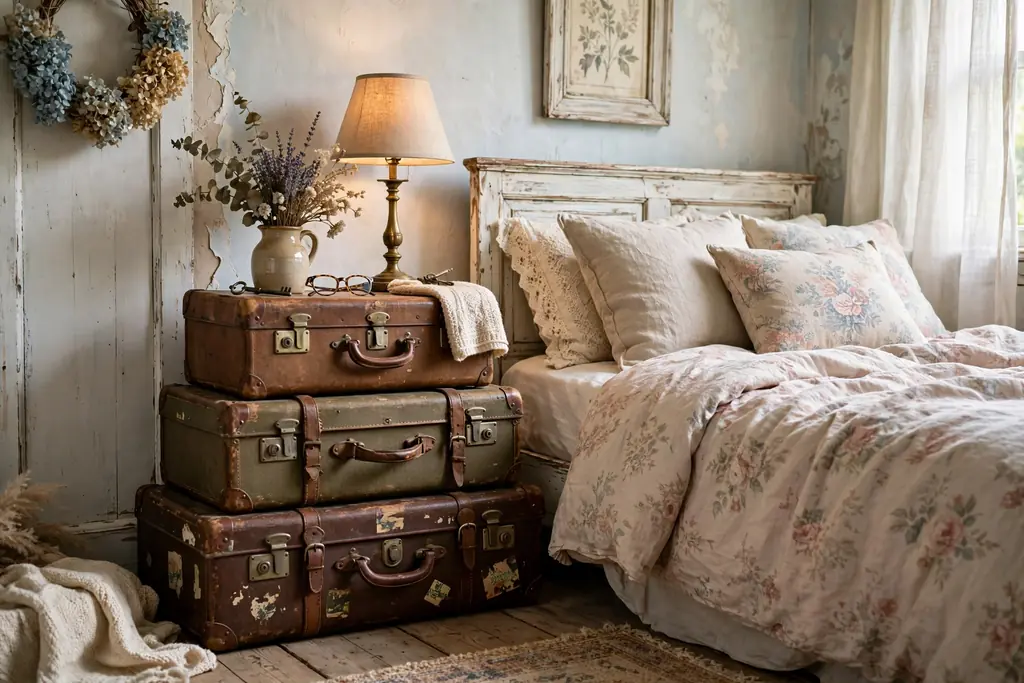A stack of vintage suitcases used as a bedside table beside a bed