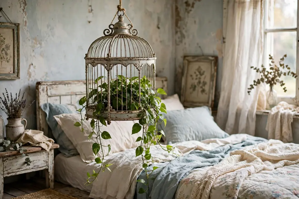 A vintage birdcage with a trailing plant hanging in a bedroom