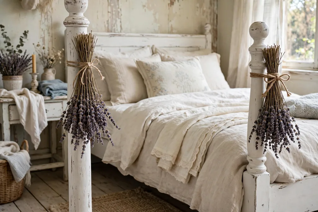 Dried lavender bundles tied with twine to white bedposts