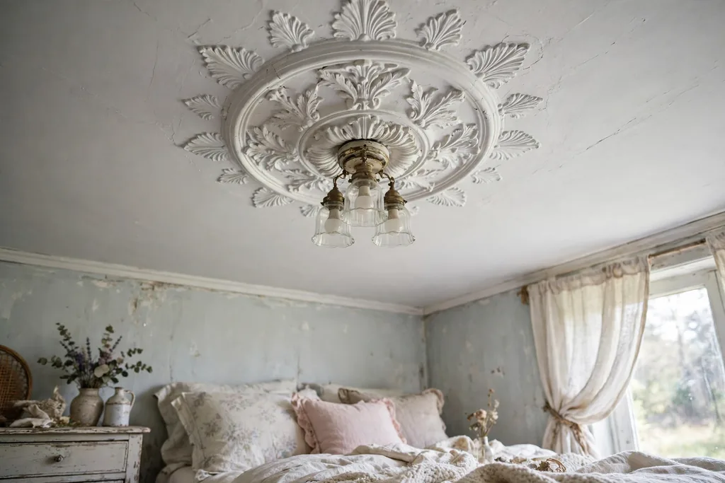 A soft white painted ceiling rose around a bedroom light fitting