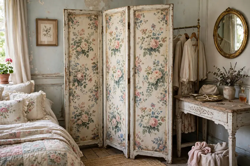 A floral folding screen in a bedroom corner screening a dressing area