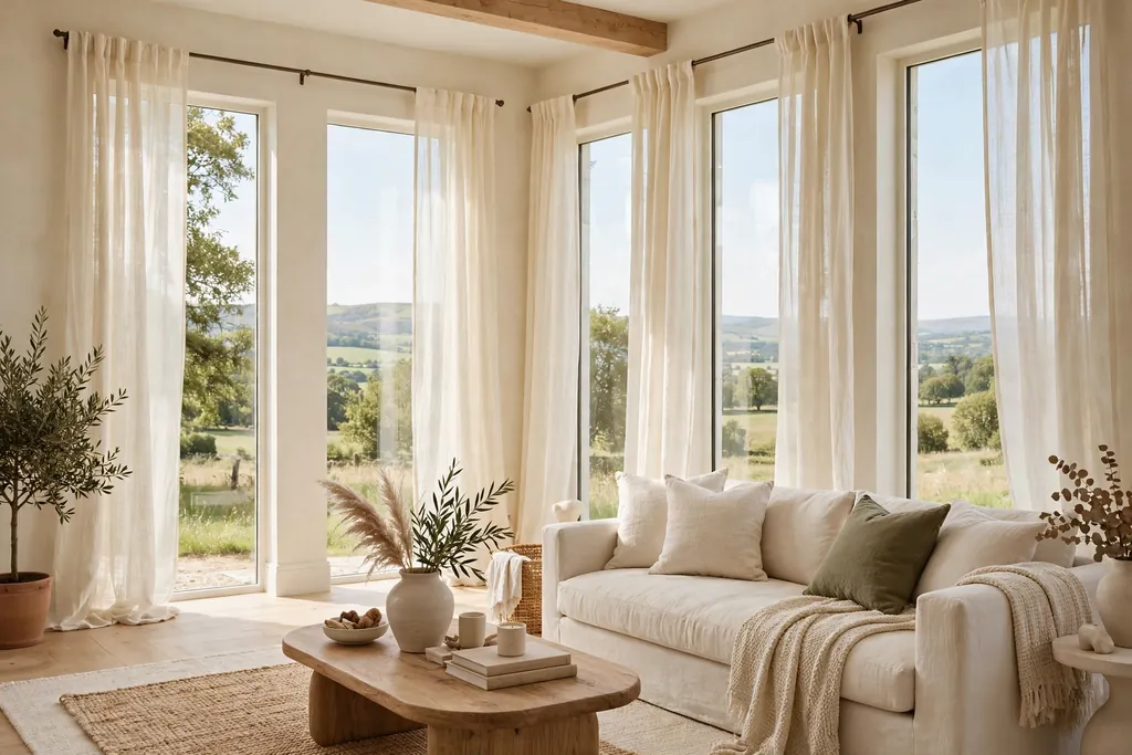Tall windows dressed with sheer cream linen curtains in a bright cream living room.