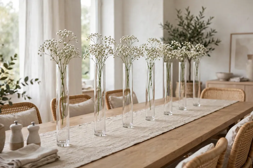 Tall slim vases spaced down a table, each holding a small bunch of white baby's breath.