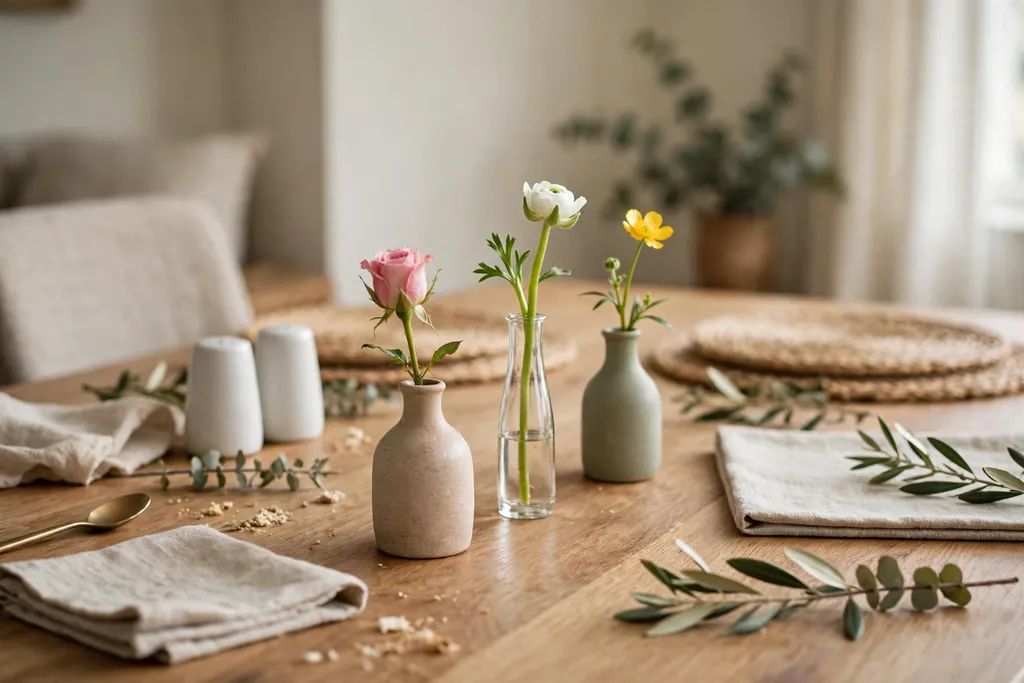 Three small bud vases in a row down the center of a dining table, each holding one short flower stem.