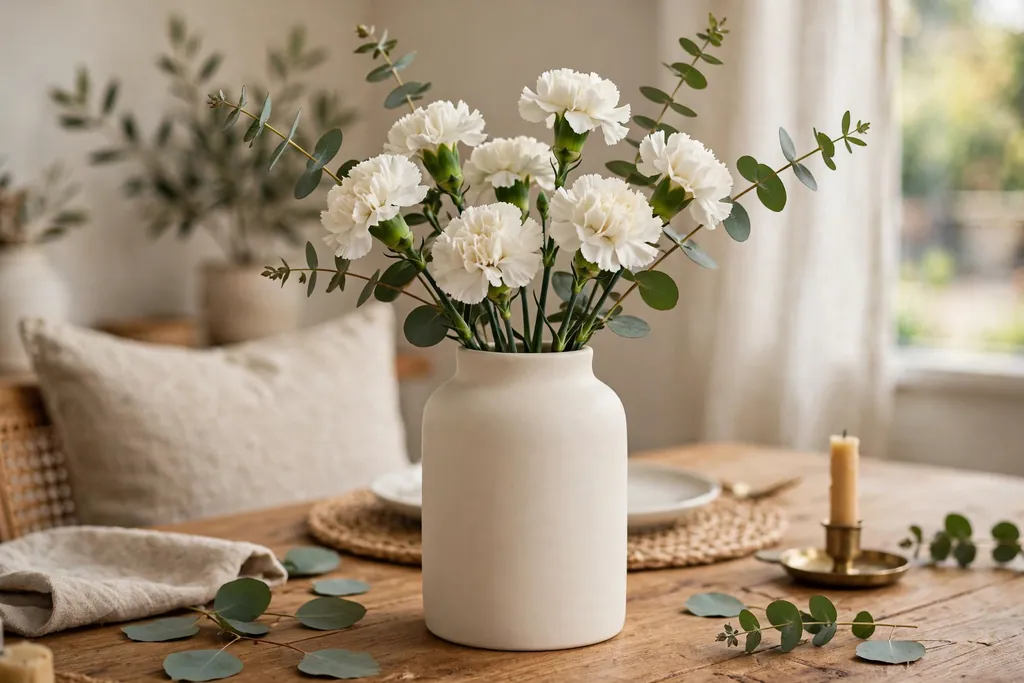 Plain ceramic vase holding white carnations and eucalyptus stems on a dining table.