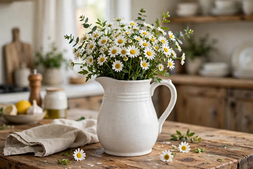 White ceramic pitcher filled with white daisies on a kitchen table.