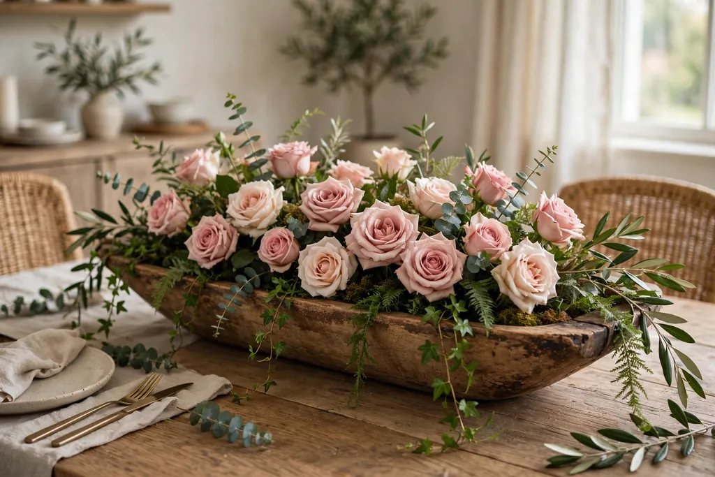 Long low wooden dough bowl filled with roses and trailing greenery on a rectangular table.