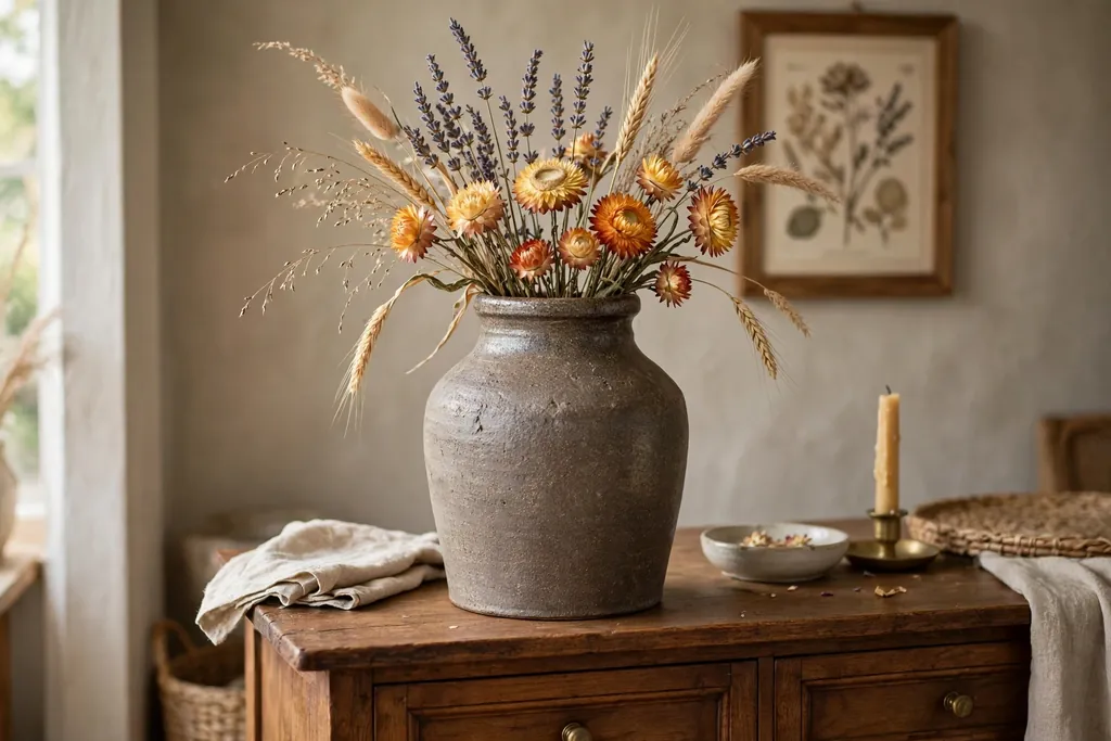 Heavy stoneware jug holding dried lavender, strawflowers, and grasses on a sideboard.