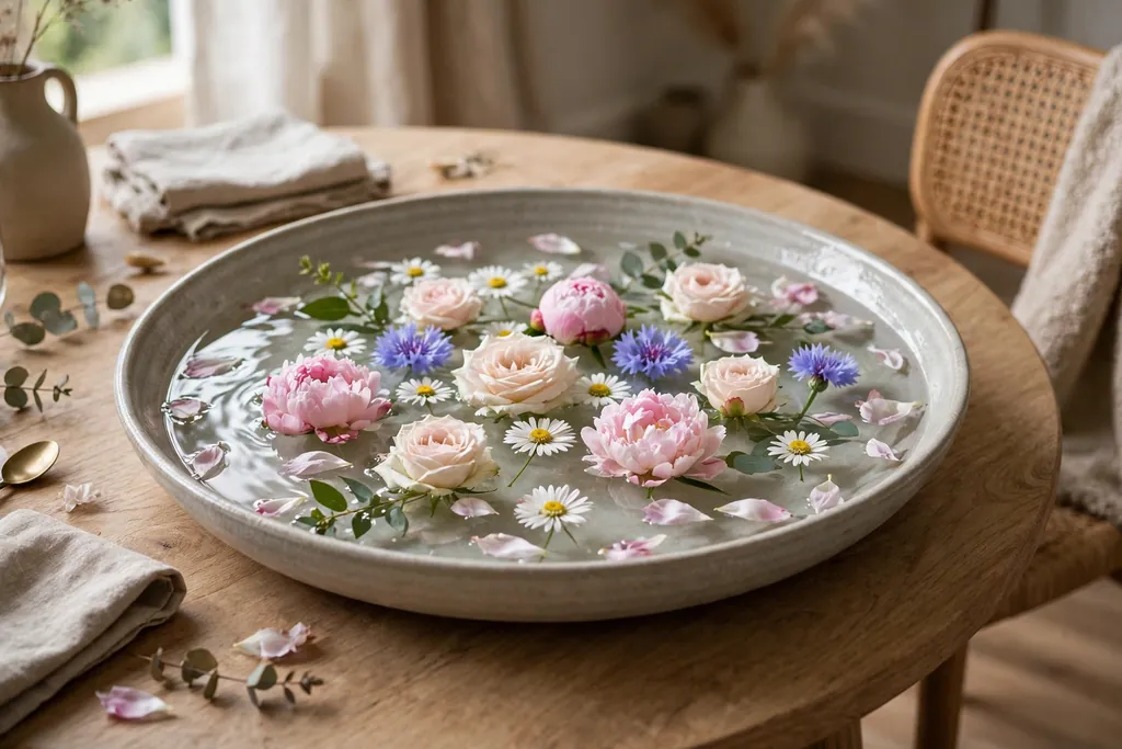 Wide shallow dish of water with flower heads floating on the surface on a round table.