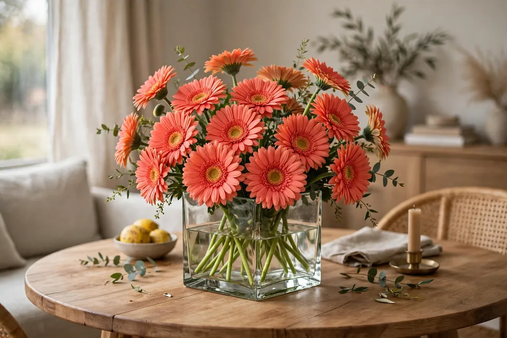 Square glass vase filled with coral gerbera daisies on a round dining table.