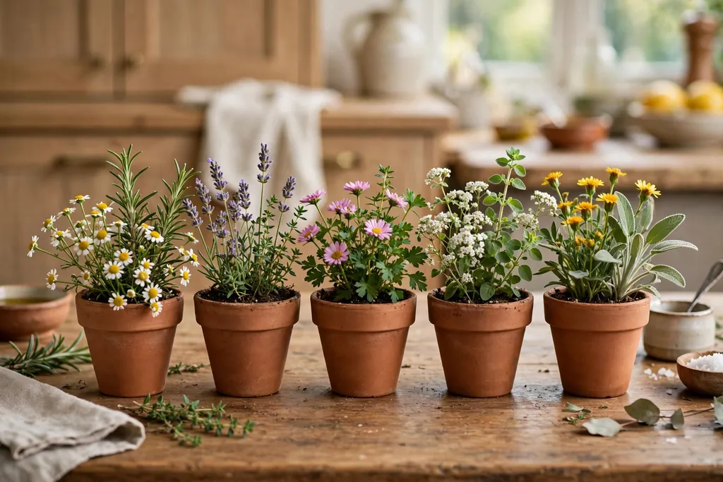 Small terracotta pots in a row holding flowers mixed with herb sprigs on a kitchen table.