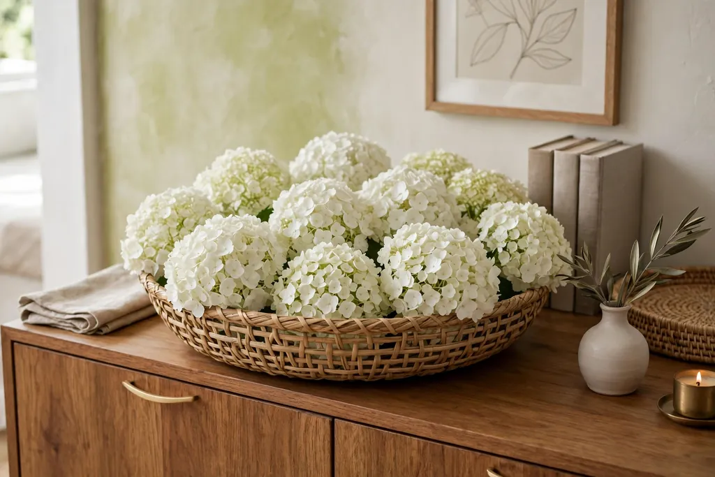 Shallow woven basket filled with white hydrangea heads on a sideboard.