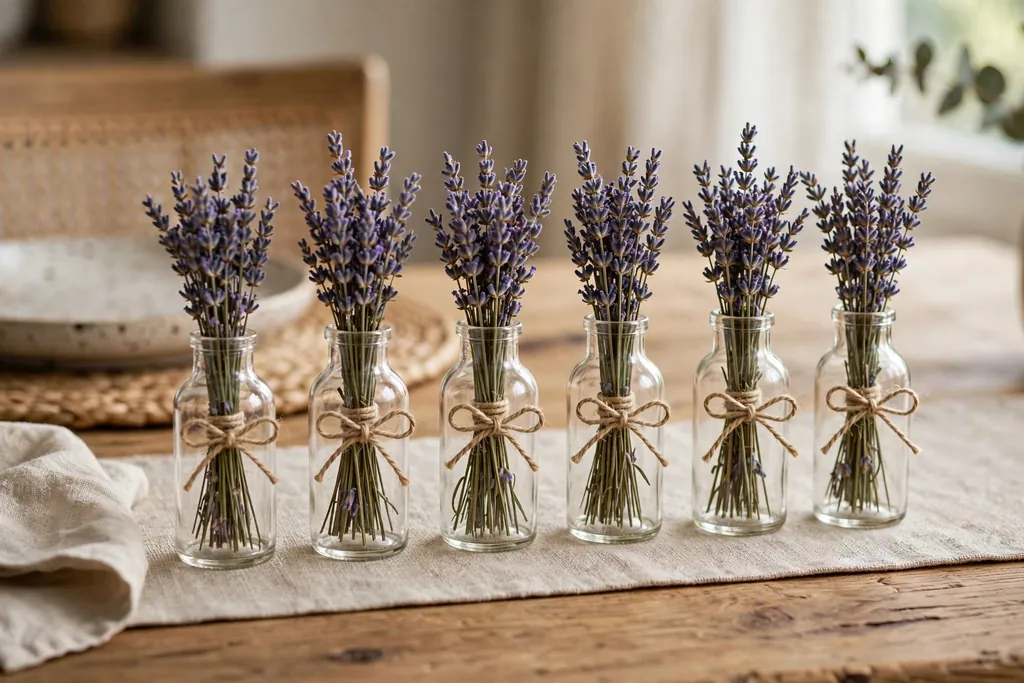 Small glass bottles in a row, each holding a tied bundle of lavender, on a table.