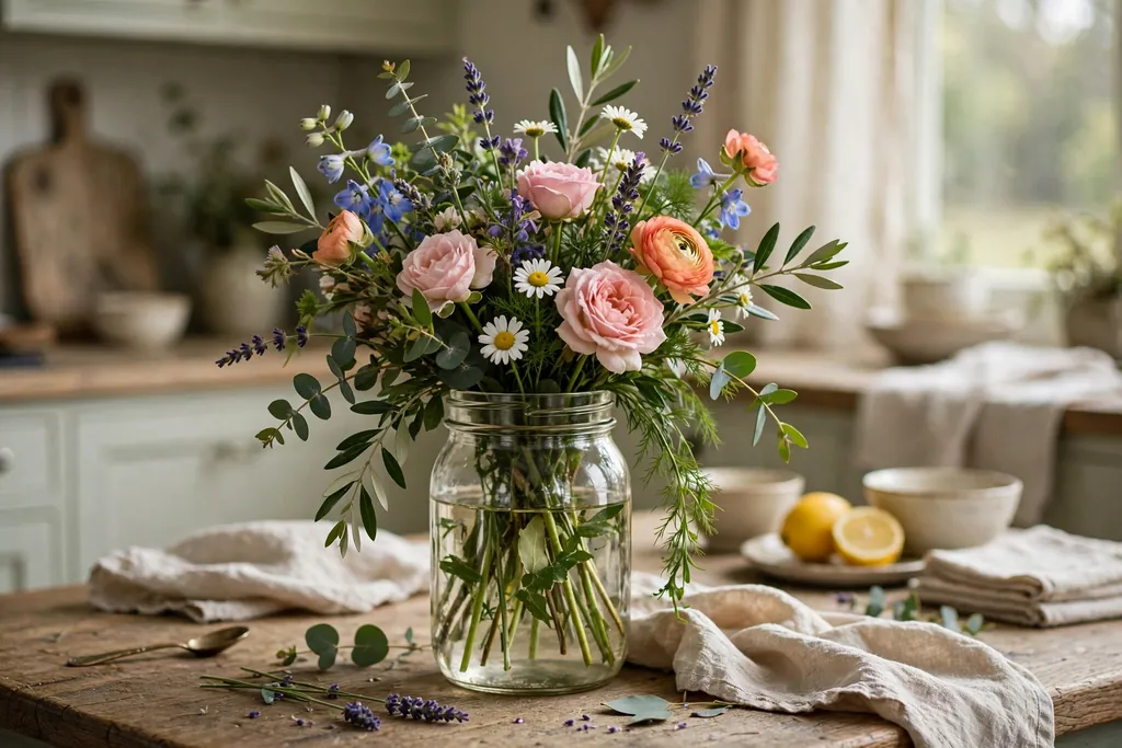 Wide mouth mason jar filled with mixed garden flowers and greenery on a kitchen table.