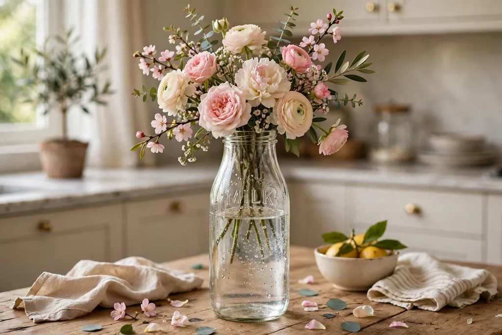 Tall glass milk bottle holding a mixed bunch of garden flowers in soft pink and cream on a kitchen table.