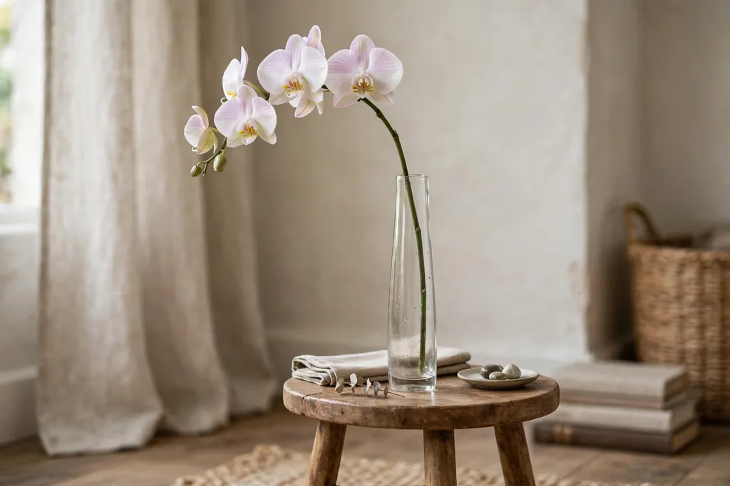 Single orchid stem standing in a tall narrow vase on a small side table.