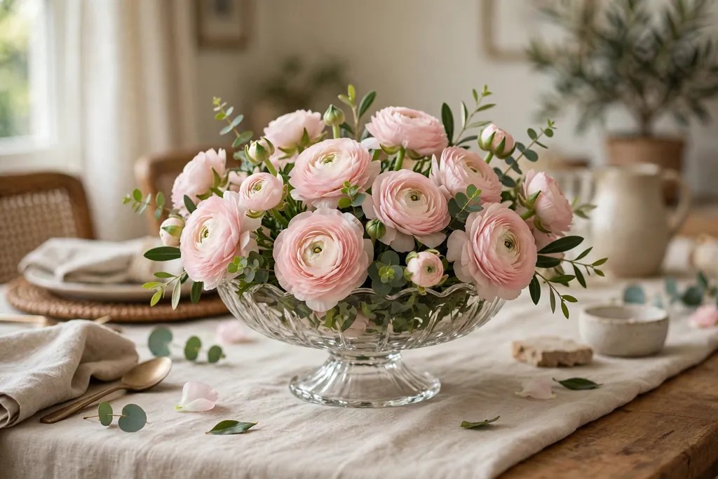 Low footed compote bowl filled with blush ranunculus and small green leaves on a dining table.