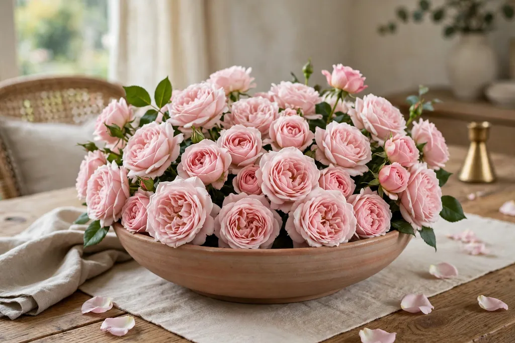 Low wide bowl filled with garden roses in one color on a dining table.