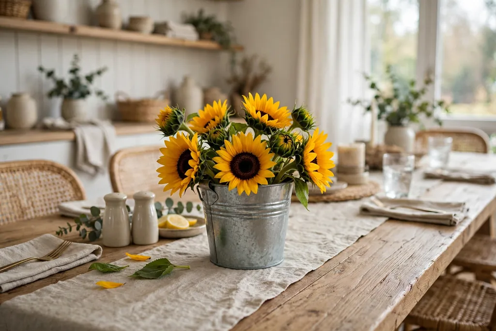 Small galvanized bucket filled with sunflowers on a long dining table.