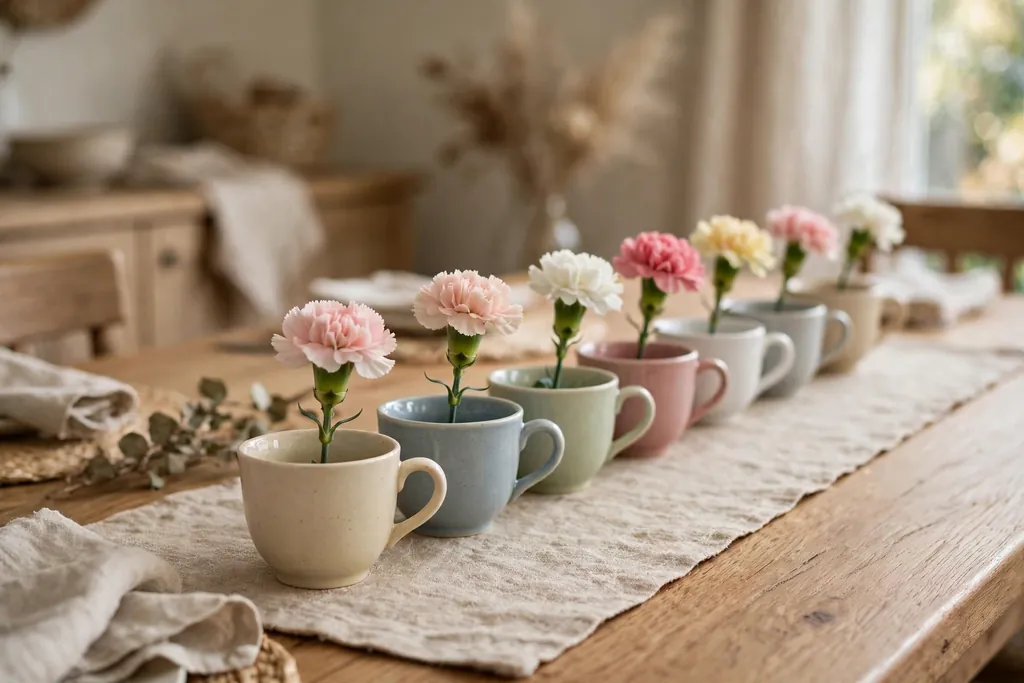 Small teacups in a row down a table, each holding one short carnation stem.