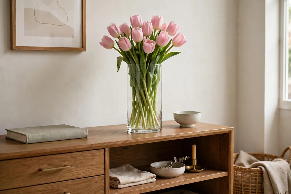 Tall straight sided glass cylinder holding tulips in one color on a sideboard.