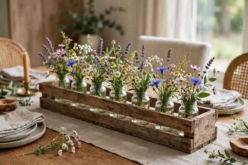 Low wooden crate holding small jars of mixed wildflowers down the center of a table.