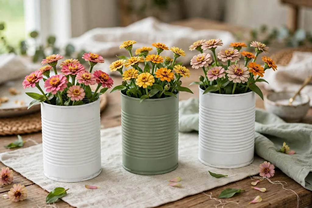 Painted tin cans in white and sage, each filled with short zinnia stems, on a casual table.