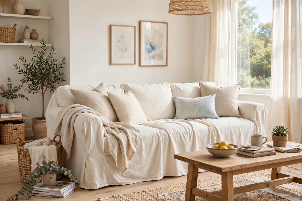Relaxed slipcovered cream sofa with loose covers in a casual bright living room.