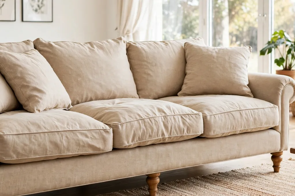Three seat sofa with rolled arms, loose seat cushions, and turned wood legs in a bright living room.