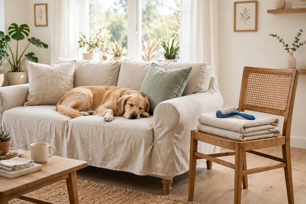 Dog resting on a washable slipcovered sofa with a lint roller nearby.