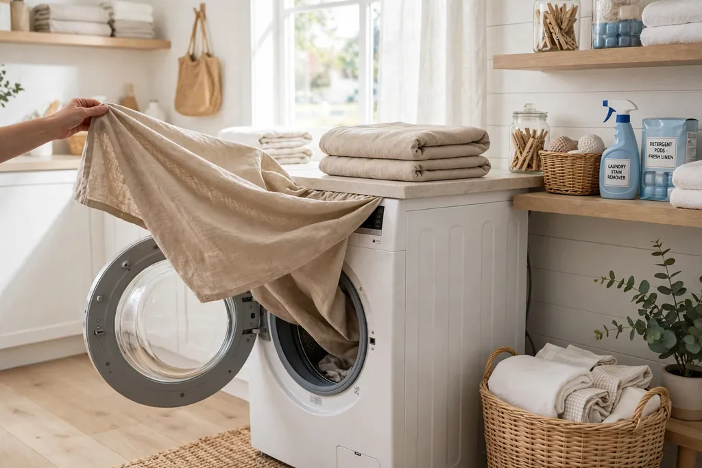 Slipcover being lifted from a washing machine with a folded clean cover nearby.