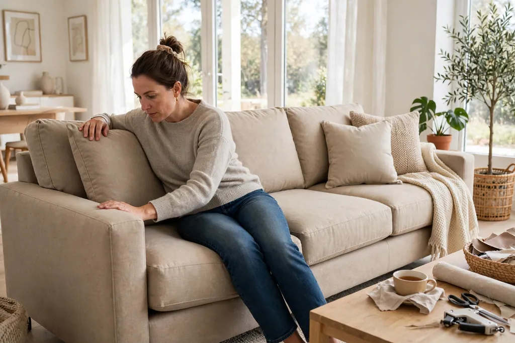 Person sitting and leaning back on a newly covered sofa checking the fit.