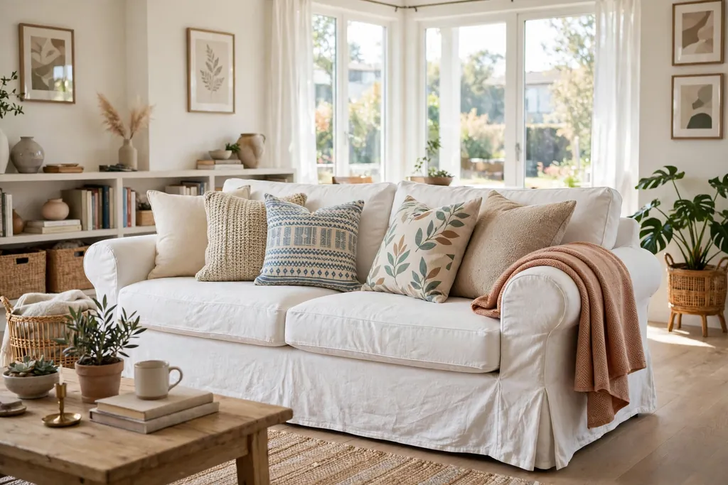 Slipcovered sofa styled with mixed cushions and a folded throw over one arm.