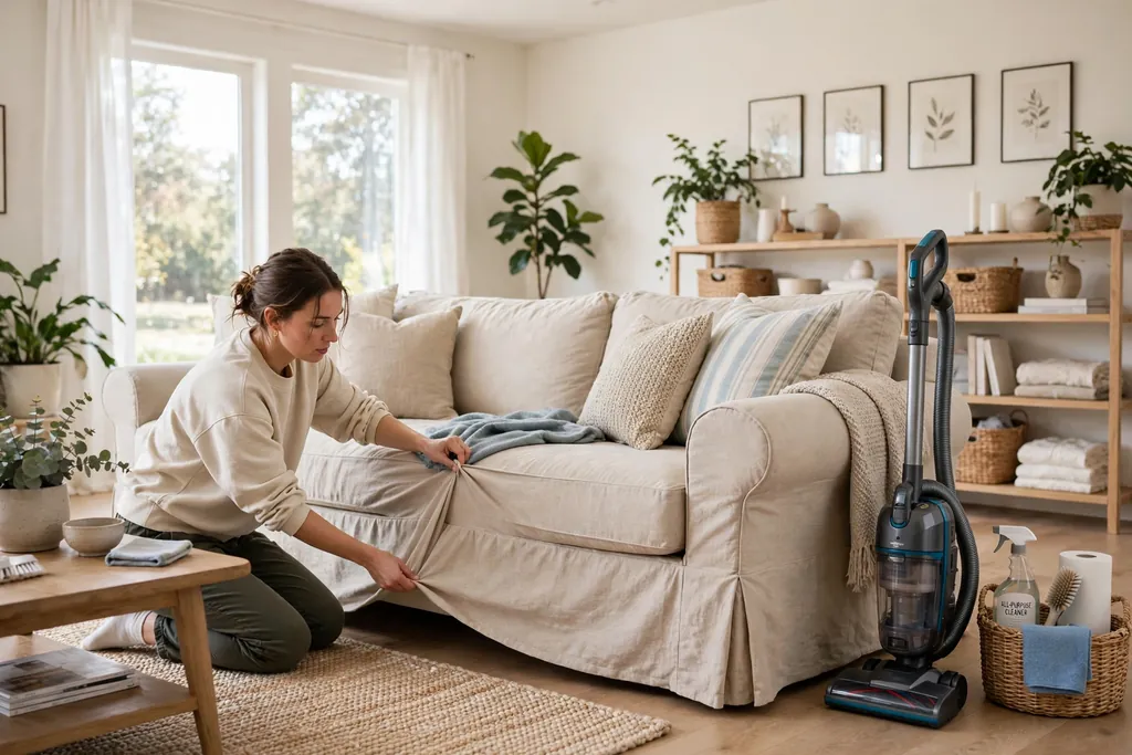 Person smoothing slipcover tucks and straightening the skirt during a tidy.