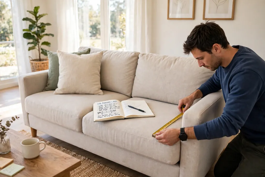 Person measuring a sofa width with a tape measure beside a notebook of dimensions.