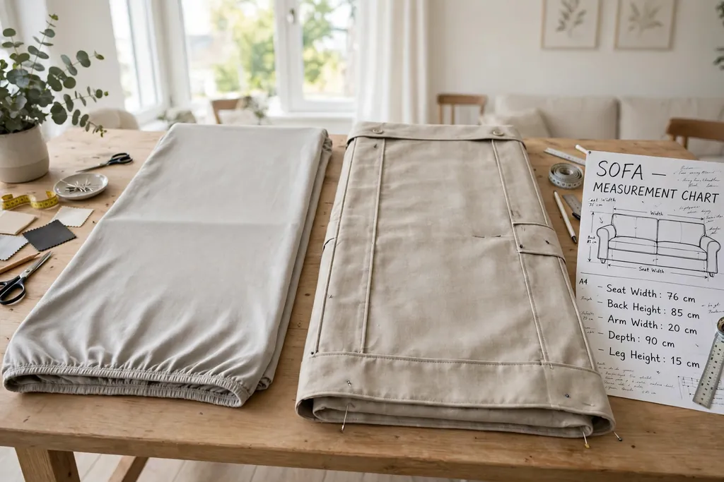 Ready-made stretch sofa cover beside a tailored cover with a measurement chart on a table.