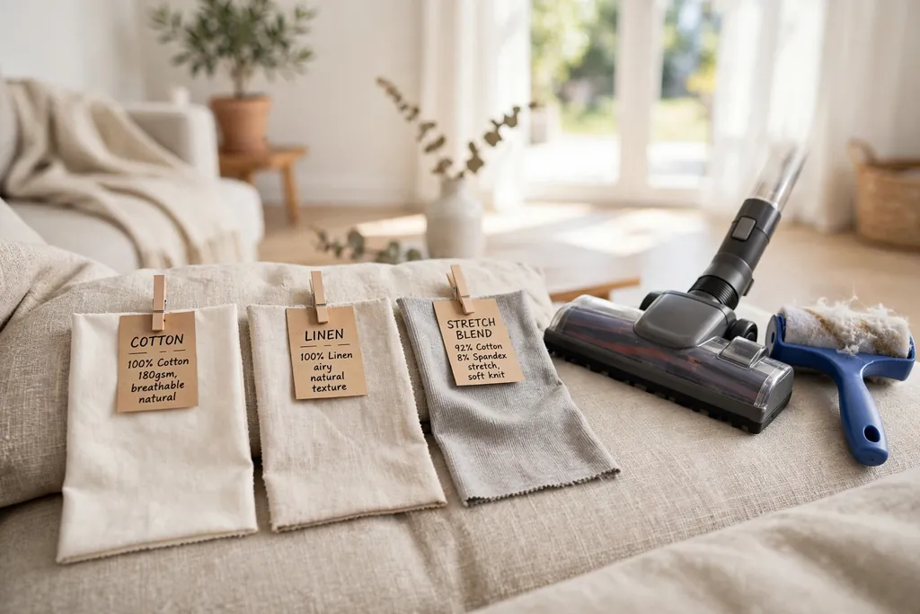 Cotton, linen, and stretch blend fabric swatches on a sofa seat beside cleaning tools.