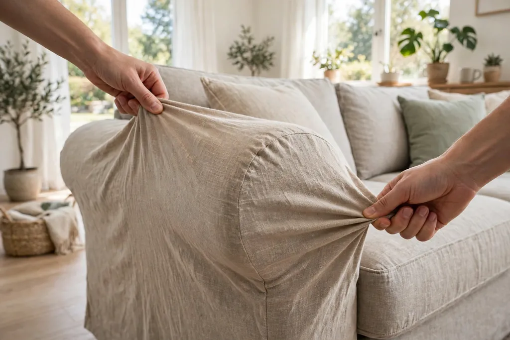 Hands stretching medium weight slipcover fabric over a sofa arm.