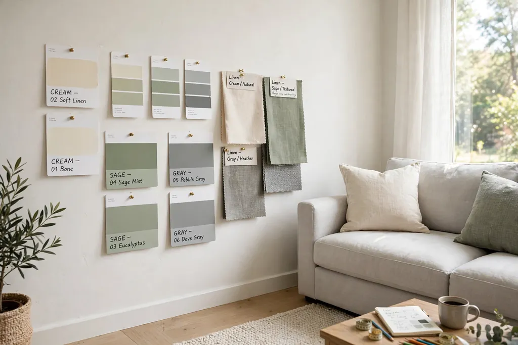Cream, sage, and gray fabric swatches pinned beside a sofa for color testing in daylight.