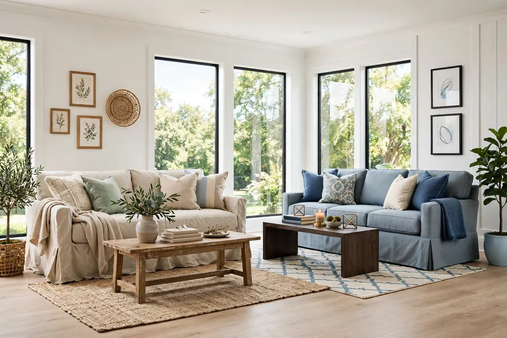 Relaxed loose skirt slipcover beside a tailored straight skirt slipcover in living rooms.