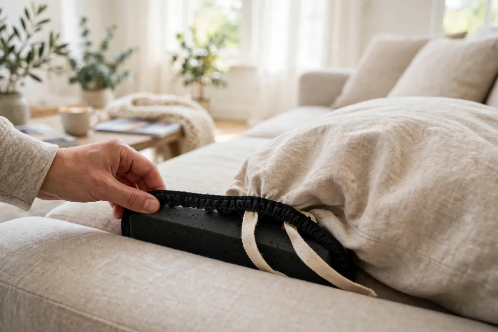Foam grip inserts being tucked into a sofa seat gap beside a cushion.