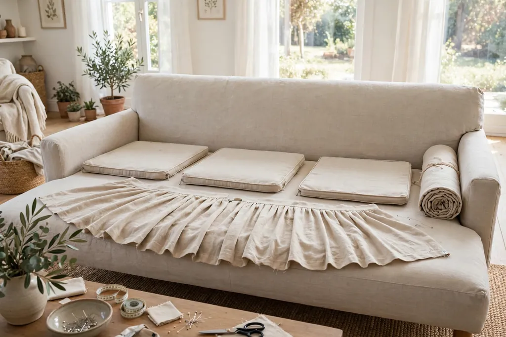 Separate cushion covers, an arm cover piece, and a pleated skirt laid out on a sofa.