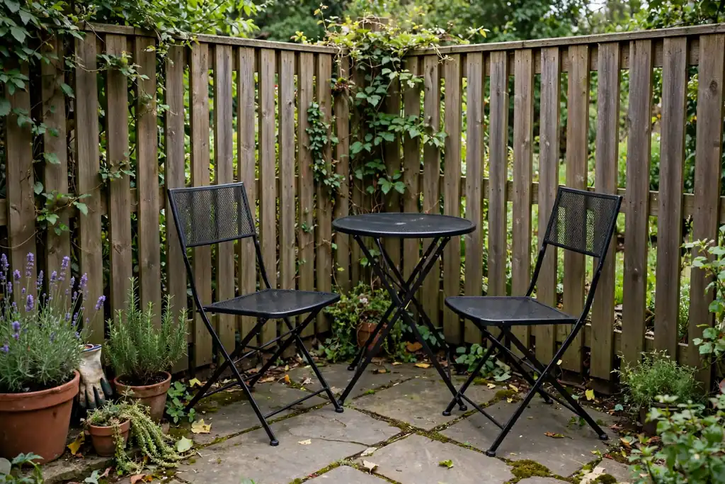 Small backyard corner with a folding bistro set, two chairs, and a small round table.