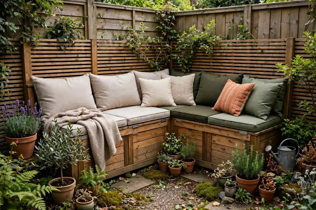 Small backyard corner with an L-shaped wooden bench with storage and outdoor cushions.