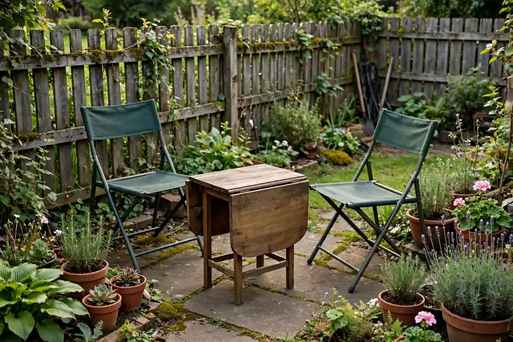 Small backyard fence with a folded-down drop-leaf table and two folding chairs.