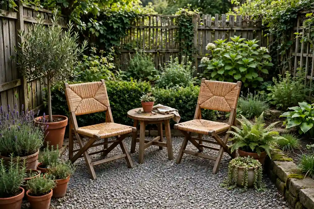 Small backyard gravel seating nook with two chairs, a small table, and potted plants.