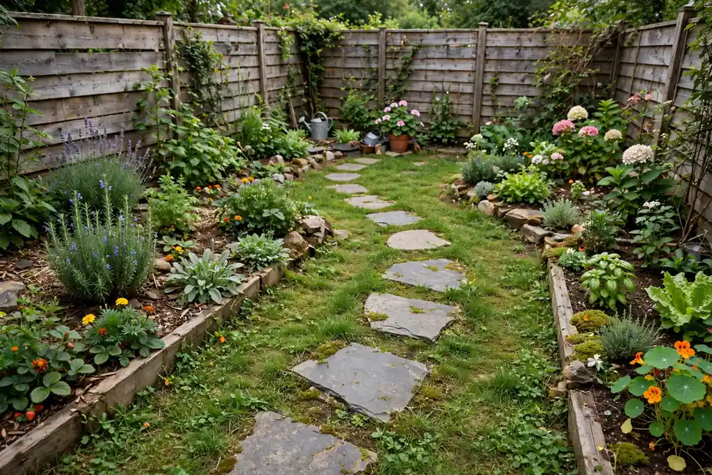 Small backyard with a stepping-stone path through grass and garden beds.