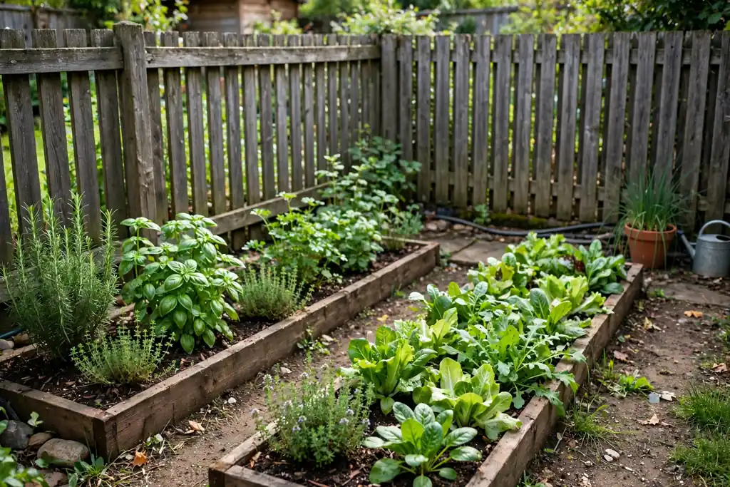 Small backyard fence with narrow raised beds holding herbs and salad leaves.